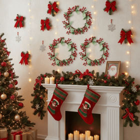3PCS Set Christmas Door Wreath with Pine Cones & Greenery 13" Red Berry Holly Wreath for Holiday Home Decor FBA shipment