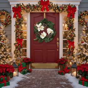 22" Christmas Wreath Creamy White Magnolia Elegant Holiday Door Decor, Indoor Outdoor Pinecone Floral Arrangement Wall Hanging FBA shipment
