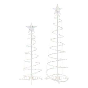 Indoor/Outdoor LED Light-Up 8-Function Color-Changing Spiral Christmas Trees, Cool White to Multicolor, Set of 2