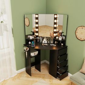 Corner Vanity Desk with 3-Color LED Lighted Mirror and Power Outlet
