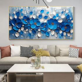 Original Blue Floral Oil Painting On Canvas Large Wall Art Abstract 3d Flower Wall Decor Custom Painting Minimalist Living Room Decor (Style: 01, size: 140x280cm)