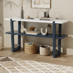 Retro Elegant Console Table with Marble-Effect Top and Versatile Storage Solutions for Entryway and Living Room (Color: Navy, Material: Solid Wood+MDF)